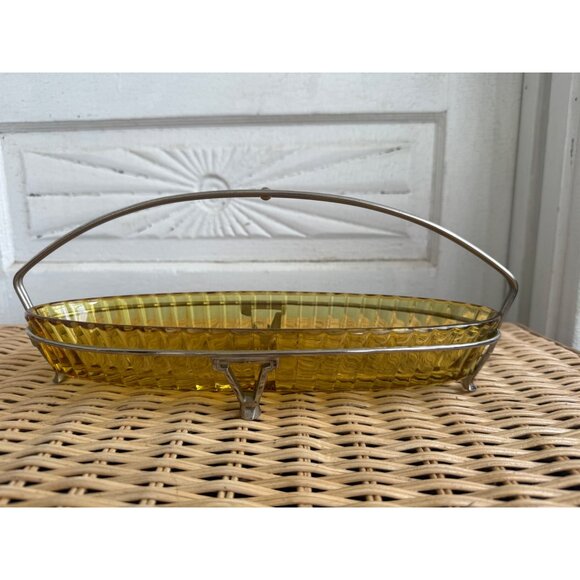 Vintage 50's Heisey Glass Marigold Serving Dish With Chrome Stand - Picture 2 of 8